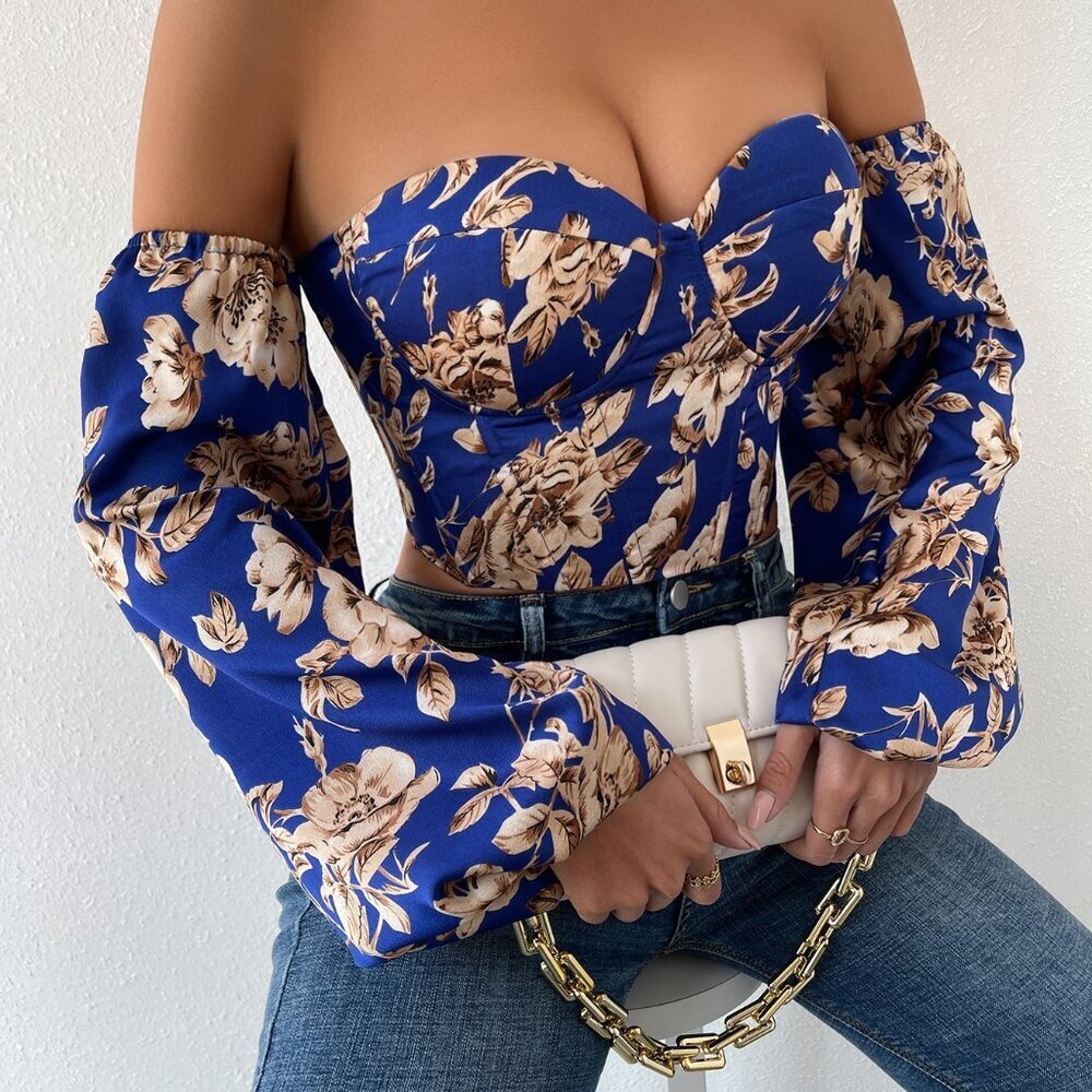 Multicolor Boho Women's Off Shoulder Floral Print Lantern Sleeve Crop Top - Picture 6 of 6